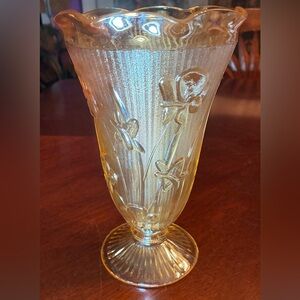 Vintage Jeanette Amber Carnival Glass Vase | Raised Lily Motif